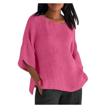 Summer Cotton Linen Tops for Women 2025 Half Sleeves Crewneck Basic T Shirts Solid Casual Loose Plus Size Tunic Blouses