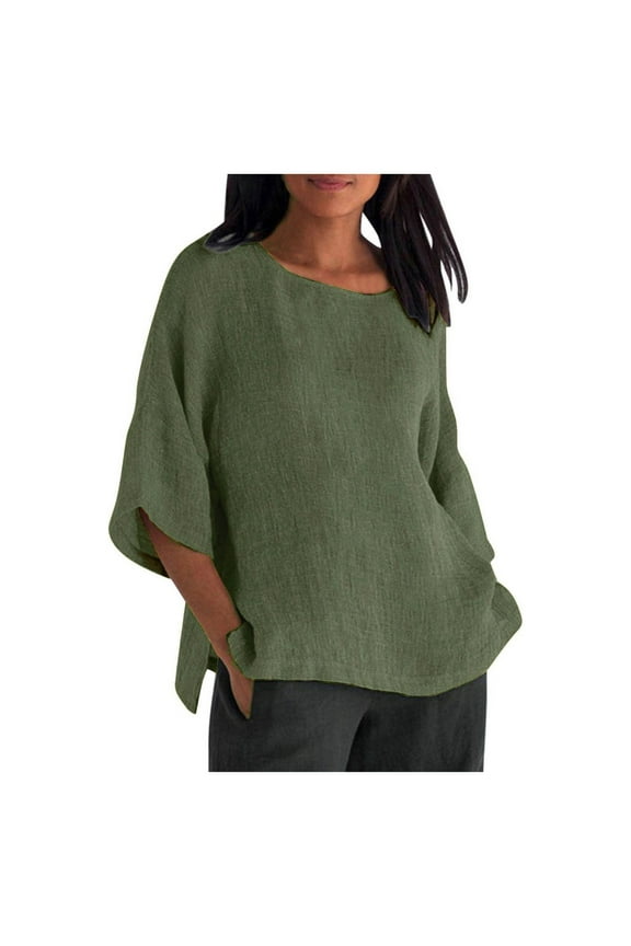 Summer Cotton Linen Tops for Women Half Sleeves Crewneck Basic T Shirts Solid Casual Loose Plus Size Tunic Blouses