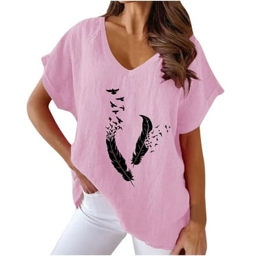 Summer Cotton Linen Tops for Women Feather Graphic V Neck Short Sleeve T Shirts Dressy Casual Loose Fit Blouses (S, Pink)