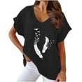 thumbnail image 1 of Summer Cotton Linen Tops for Women Feather Graphic V Neck Short Sleeve T Shirts Dressy Casual Loose Fit Blouses (XL, Black), 1 of 6
