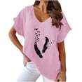 thumbnail image 1 of Summer Cotton Linen Tops for Women Feather Graphic V Neck Short Sleeve T Shirts Dressy Casual Loose Fit Blouses (XL, Pink), 1 of 6