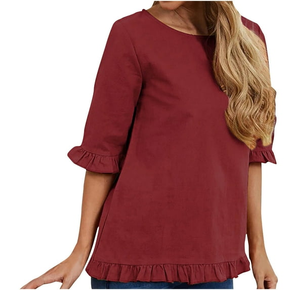 Summer Cotton Linen Tops for Women Ruffle Half Sleeve Crewneck Solid Color Shirts Blouses Casual Comfy Basic Tee Shirts