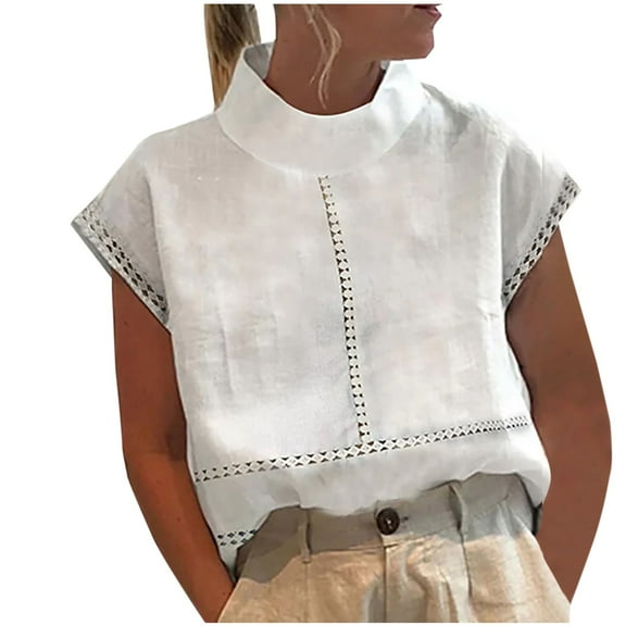 Summer Cotton Linen Tops for Womens, Loose Eyelet Cap Sleeve T Shirt Elegant Mock Neck Blouse for Dressy Casual