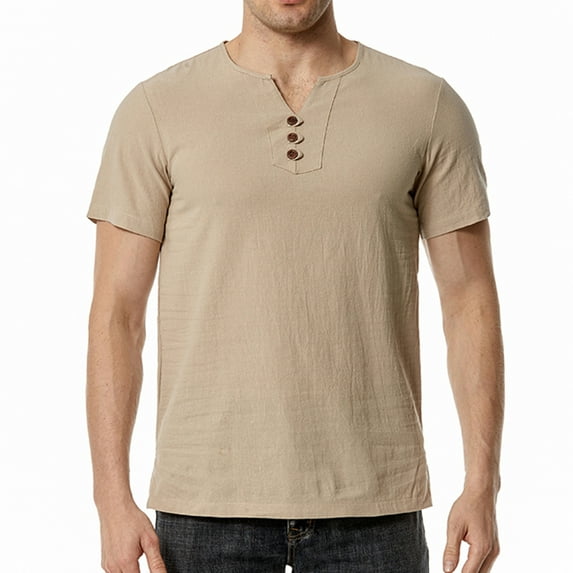 Summer Cotton Linen Vintage Henley Shirt Lightweight Casual Pullover Tops Side Slit Party Tees for Workout Fitness