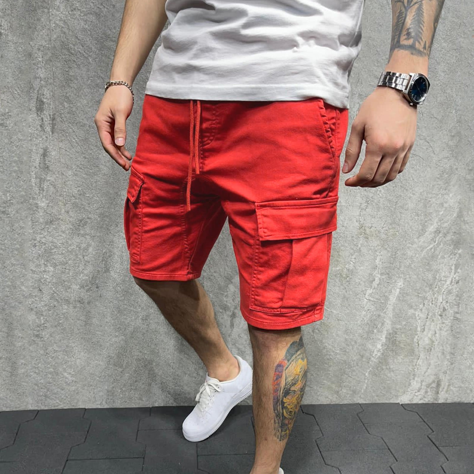 Summer Cotton Short Cargo Shorts for Men Red Leisure Weekend Male