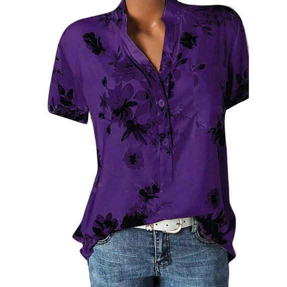 Summer Cotton Short Sleeve Oversized Floral T Shirts for Women Purple Tops Fashion Plus Printing Easy Shirt Size Top Blouse Pocket Women's XL