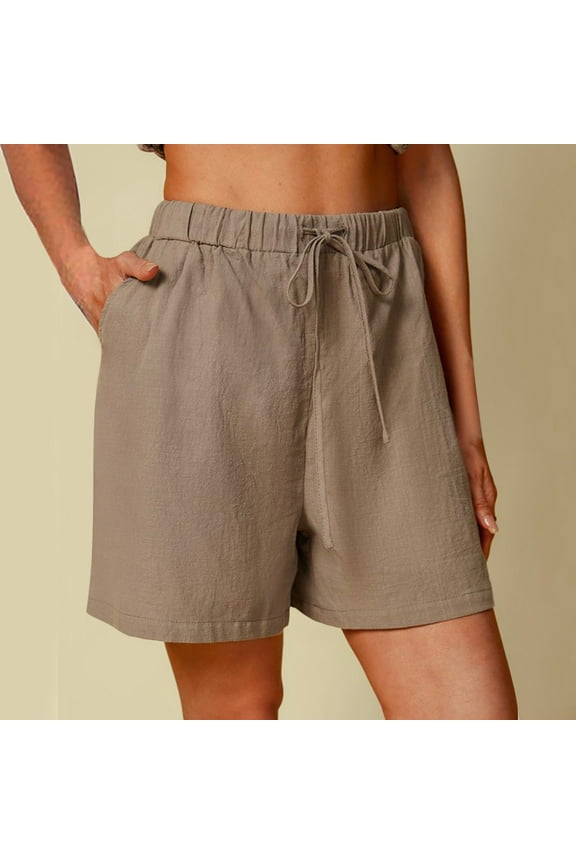 Summer Cotton Shorts Short High Waisted for Women Brown Leisure Solid Color Weekend Casual Waist And Linen Womens Elastic XXL