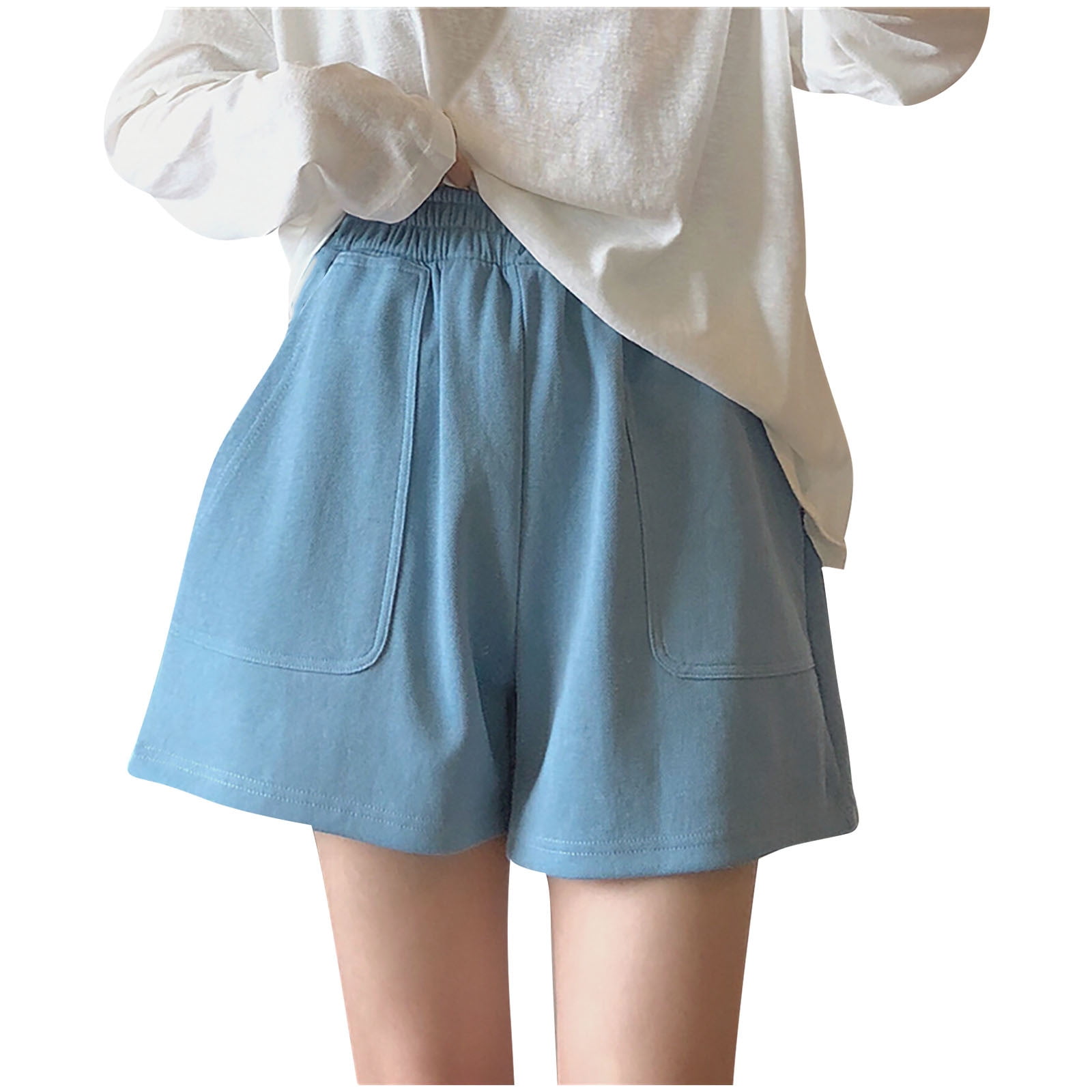 Summer Cotton Shorts for Women Solid Color Elastic Waist Casual Loose ...