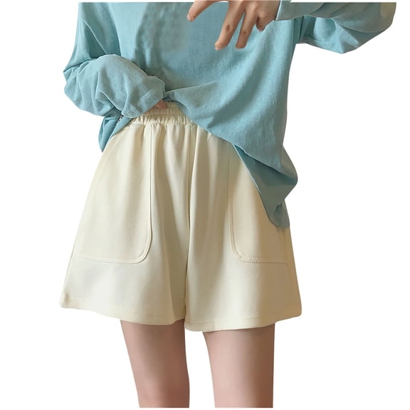 Summer Cotton Shorts for Women Solid Color Elastic Waist Casual Loose Comfy Wide Leg Lounge Short Pants with Pockets