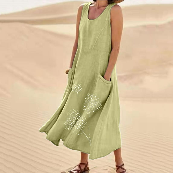 Summer Cotton Sleeveless Maxi Dress for Women Round Neck Lightweight Casual Floral Long Dress with Pockets (4XL, Green)