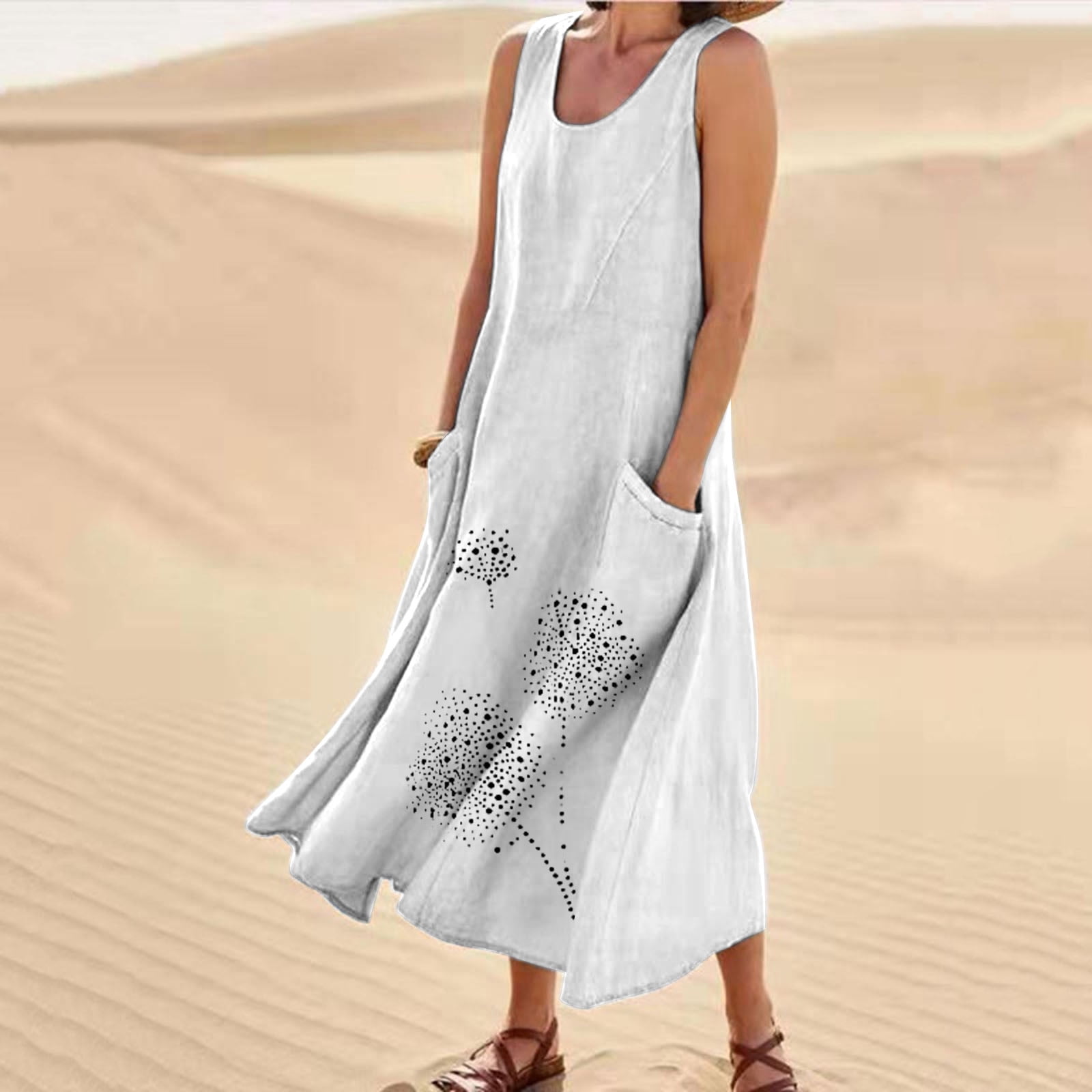 Summer Cotton Sleeveless Maxi Dress for Women Round Neck Lightweight Casual  Floral Long Dress with Pockets (2XL, Blue) - Walmart.com