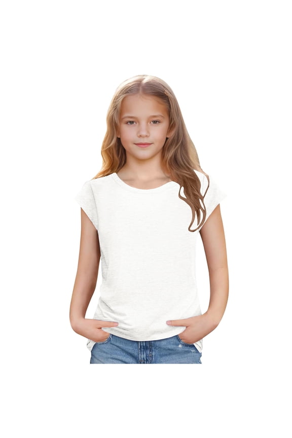Summer Cotton T Shirts Girls Short Cap Sleeve Crew Neck Cozy Plain Tshirts for Toddlers Kids Basic Tees 1-10 Years (5 Years, White)