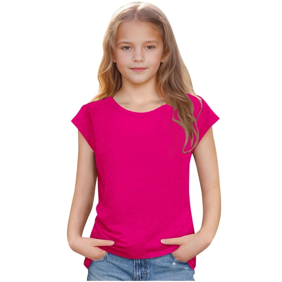 Summer Cotton T Shirts Girls Short Cap Sleeve Crew Neck Cozy Plain Tshirts for Toddlers Kids Basic Tees 1-10 Years (9 Years, Hot Pink)