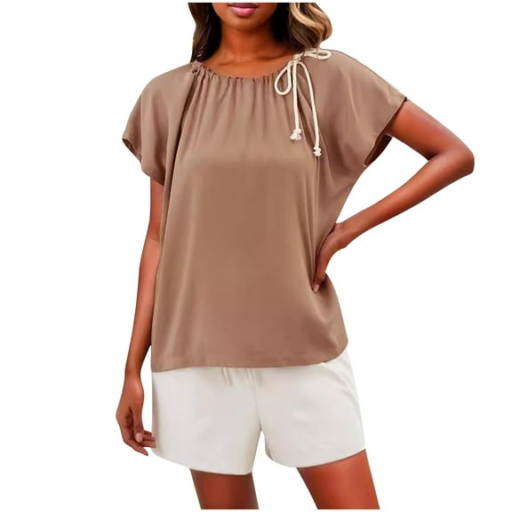 Summer Cotton Tops Women Trendy Drawstring Bow Tie Neck Short Sleeve Dressy Casual Blouses Loose (XL, Khaki)