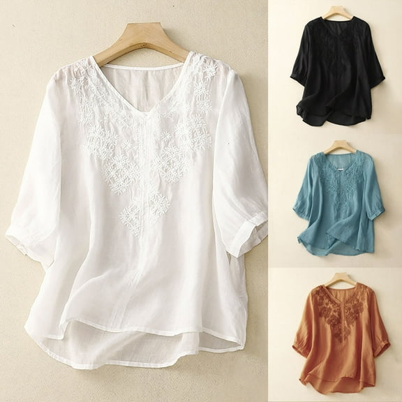 Summer Cotton and Linen Shirts for Womens Plus Size Casual Short Sleeve V-Neck Cotton Irregular Tops Blouse