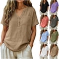 thumbnail image 1 of Summer Cotton and Linen Shirts for Womens Plus Size Casual Tops V-Neck Bandage Short Sleeve T-Shirts And Linen Blouse, 1 of 8