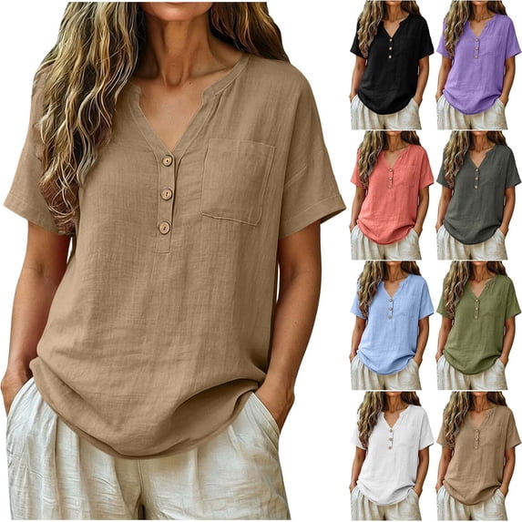 Summer Cotton and Linen Shirts for Womens Plus Size Casual Tops V-Neck Bandage Short Sleeve T-Shirts And Linen Blouse