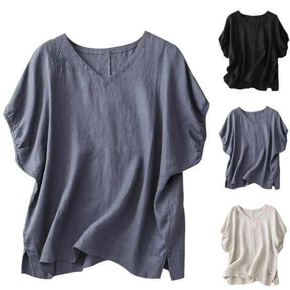 Summer Cotton and Linen Shirts for Womens Plus Size Solid Color Collar Button Up Short Sleeved Shirt Blouses