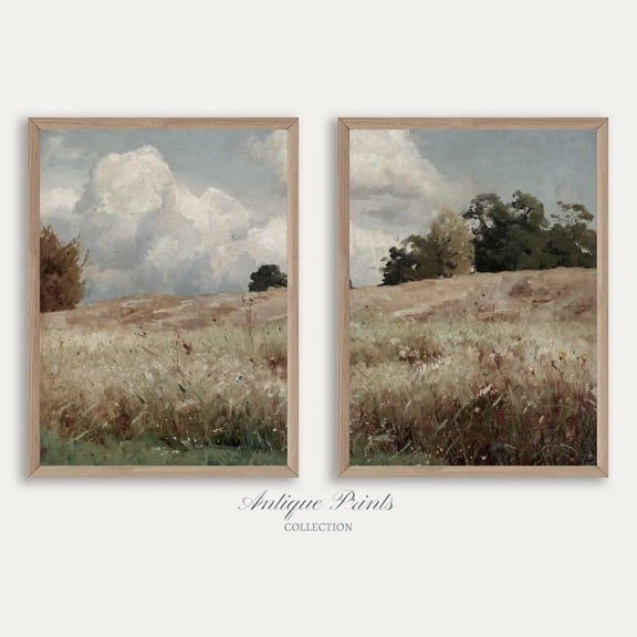 Summer Country Landscape Split Vintage Countryside Wall Art Set 2 Stretched Canvas 12x18