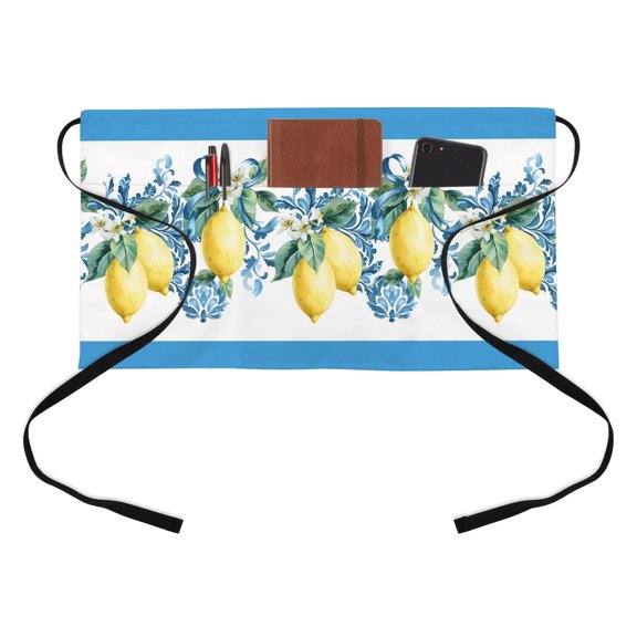 Summer Country Pastoral Half Waist Apron Watercolor Yellow Lemon Short Waiter Aprons with 3 Pockets for Women Men Kitchen Restaurant Cooking