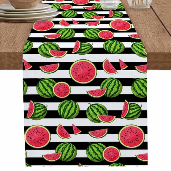 Summer Country Watermelon Table Runner-36 Inch Long Retro White Black Stripes Table Runners Linen Burlap Tablerunner for Kitchen Dining Room Holiday Party