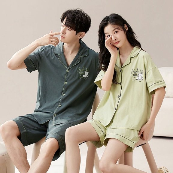 Summer Couple Pajamas Short-sleeved Thin Men‘s and Women‘s Cardigan Cotton Women‘s Summer Casual Outwear Clothes suit