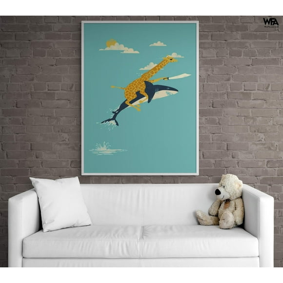 Cute Shark Poster Print, Framed Pirate Wall Art, Giraffe Illustration Print, Adventure Art Print, Cute Animals Art, Framed Wall Art