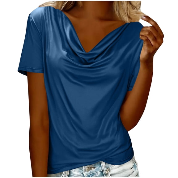 Summer Cowl Neck Tops for Women Fashion Business Short Sleeve T-Shirt Work Office Shirts,Blue,M