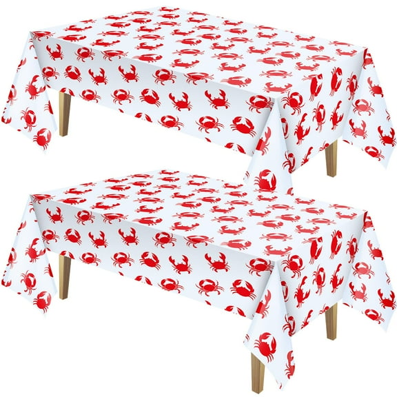 Summer Crab Boil Tablecloth 54 Inch x 108 Inch 2 Pack Plastic Seafood Party Supplies Rectangular Cover for Kitchen Dining Theme Decor, White