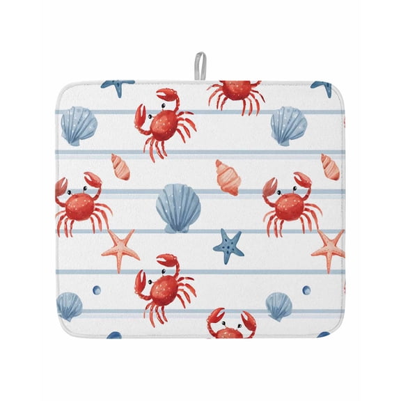 Summer Crab Starfish Shell Conch Dish Drying Mats for Kitchen Counter,Absorbent Microfiber Dish Drainer Rack Mat Ocean Creature Blue Stripe Drying Pad for Sinks,Utensils,Countertops,16x18in