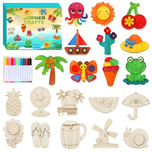 Summer Crafts for Kids,36 Pcs DIY Wooden Magnets Art Craft Supplies Painting Kit for Boys Girls Ages 4-8 8-12 Birthday Party Gifts Summer Activities School Classroom Prizes