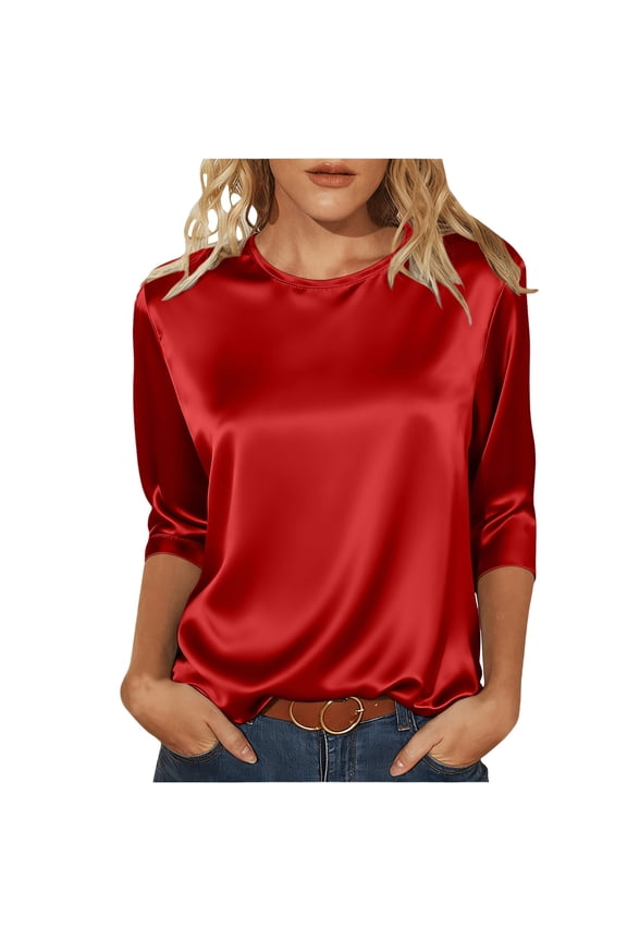 Summer Crew Neck 3/4 Sleeve Satin Top for Women Loose Silk Smooth T-Shirt Work Tops Spring Business Dressy Blouses