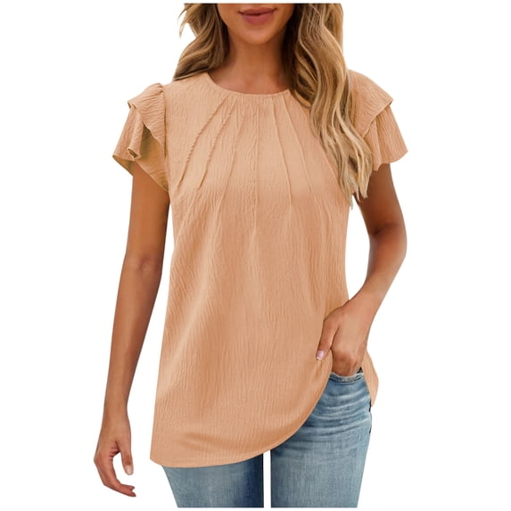 Summer Crew Neck Tops Women's Solid Pleated Ruffle Sleeve Shirts Casual Loose Fit Fashion Basic Blouses (2XL, Orange)