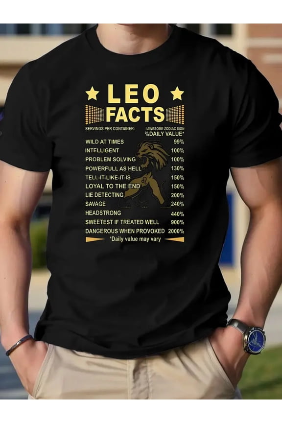 Summer Crewneck Fashion Very Comfortable Men'S Elastic LEO FACTS Pattern Print Outdoor Casual Top Street T-shirt Event Suitable for Clothing Fancy