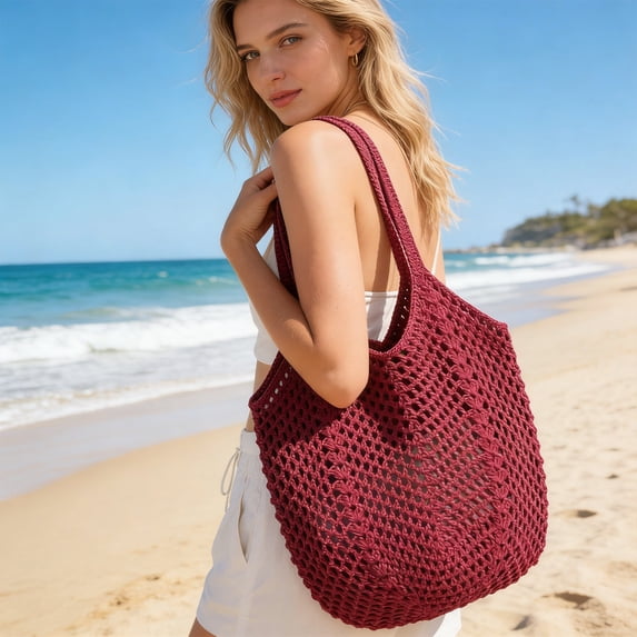 Summer Crochet Beach Tote Bag for Women Large Capacity Mesh Handbag Soft Foldable Shoulder Bag