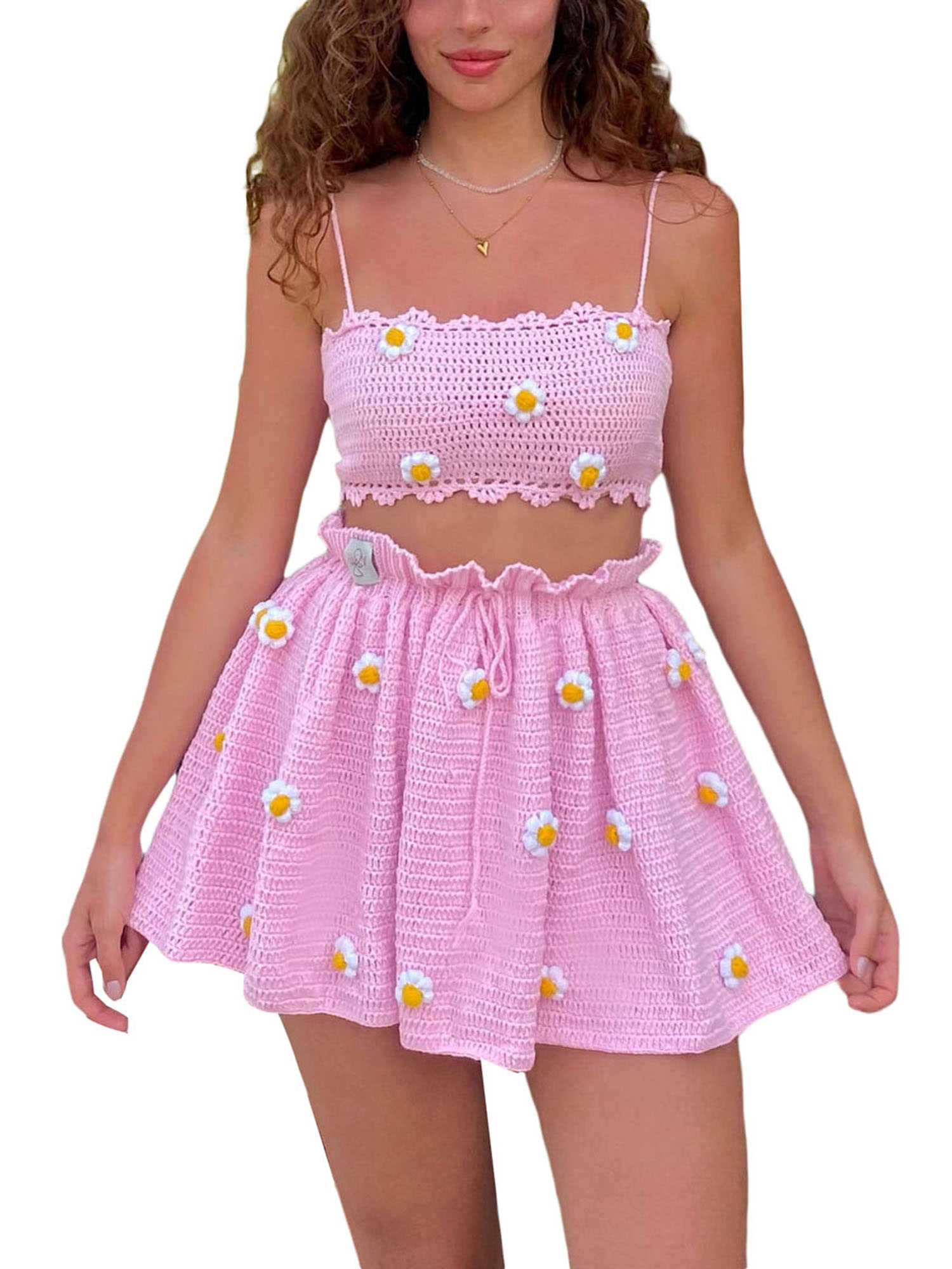 Summer Crochet Cami Crop Top Skirt Sets Beach Dress Two Piece Outfits