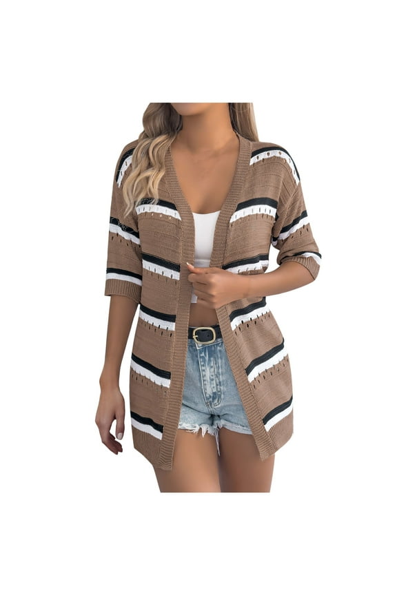 Summer Crochet Cardigan for Women Half Sleeve Casual Loose Cover Ups Knit Sweaters Tops Trendy Striped Outerwear