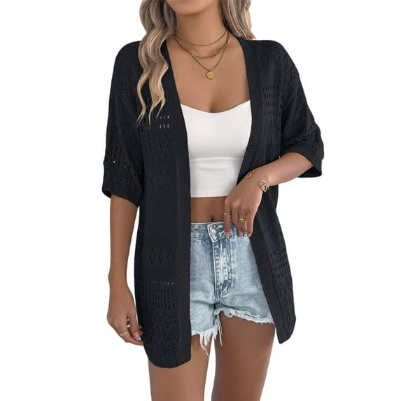 Summer Crochet Cardigan for Women Short Sleeve Boho Oversized Open Front Knitted Cardigan Black XL