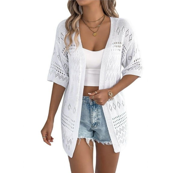 Summer Crochet Cardigan for Women Short Sleeve Boho Oversized Open Front Knitted Cardigan White XL