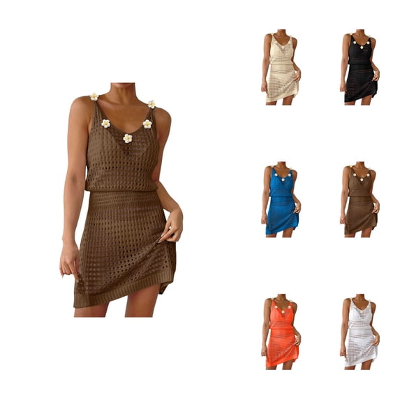Summer Crochet Hollow-Out Beach Cover Up Dress for Women V-Neck Sleeveless Floral Swimwear Coverup, 2025 Vacation Cruise Outfit