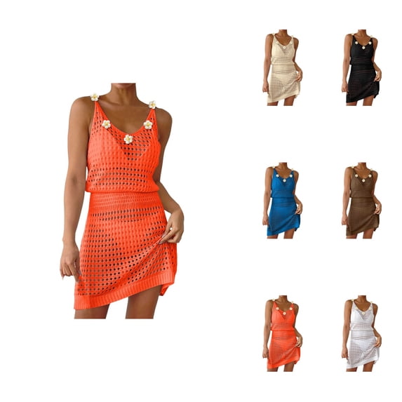 Summer Crochet Hollow-Out Beach Cover Up Dress for Women V-Neck Sleeveless Floral Swimwear Coverup, 2025 Vacation Cruise Outfit