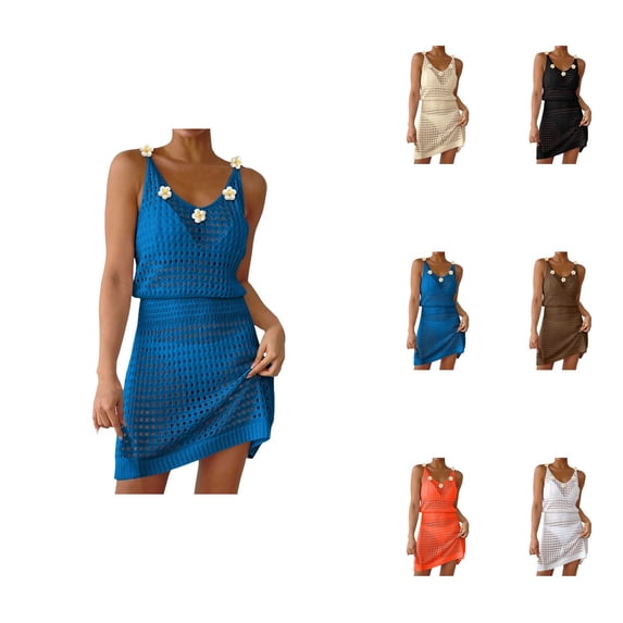 Summer Crochet Hollow-Out Beach Cover Up Dress for Women V-Neck Sleeveless Floral Swimwear Coverup, 2025 Vacation Cruise Outfit