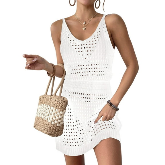 Summer Crochet Hollow Out Knit Beach Bathing Suit Swim Cover Ups Cruise Outfits Vacation Dresses for Women White M