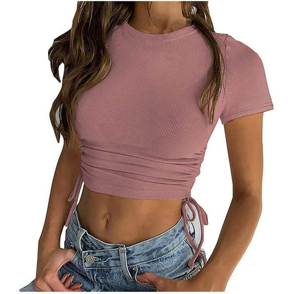 Summer Crop Tops For Women,Fashion Slimming Short Sleeve Tshirts Crewneck Sexy Casual Pit Strip Solid Color Blouses