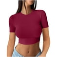 thumbnail image 1 of Summer Crop Tops Woman 2024 Fashion Short Sleeve Crew High Neck Slim Fit Cropped Tee Shirt Y2k Workout Blouse (Medium, Wine), 1 of 5