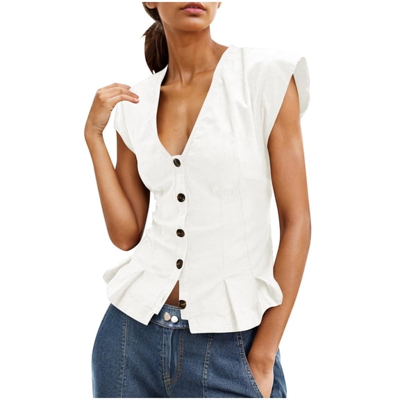 Summer Crop Tops Womens Linen Blend Deep V Neck Button Up Shirts Cap Sleeve Ruffled Cute Blouses (2XL, White)