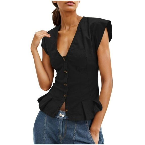Summer Crop Tops Womens Linen Blend Deep V Neck Button Up Shirts Cap Sleeve Ruffled Cute Blouses (M, Black)