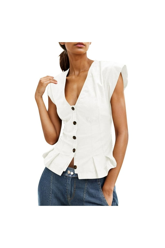Summer Crop Tops Womens Linen Blend Deep V Neck Button Up Shirts Cap Sleeve Ruffled Cute Blouses (XL, White)
