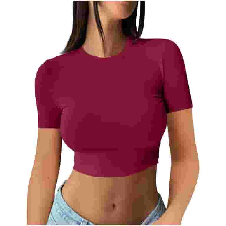 ☆NERDY☆ Women's Glossy Crop Track Top Red Summer Crop Tops for Women 2024 Trendy Short Sleeve Crew