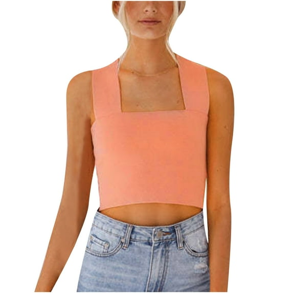 Summer Crop Tops for Women Sleeveless Square Neck Solid Color Tank Tops Vest Slim Fit Trendy Tshirts Blouses